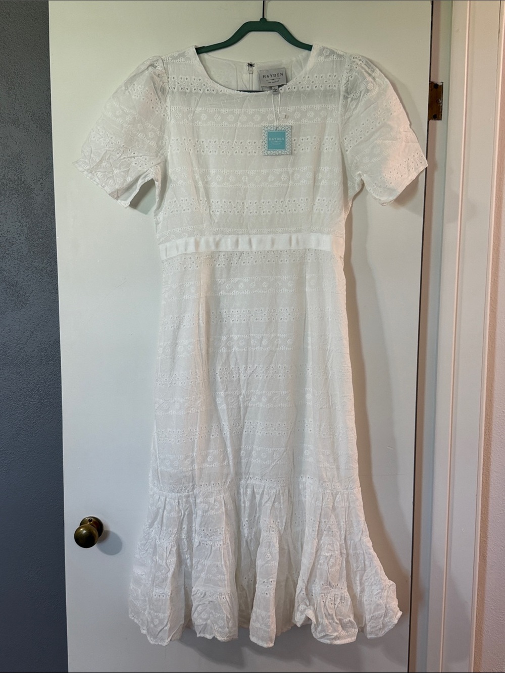 Hayden White Eyelet Midi Dress with Puff Sleeves